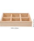 Six Compartment Pine Wood Jewelry Tray, Rustic Desktop Catch All For Rings And Necklaces, side view showing dimensions and dividers.