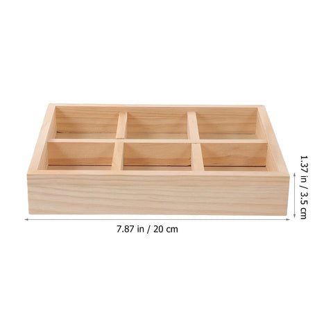 Slick Pine Wood Jewelry Organizer Tray With Six Compartments, 7.87in x 1.37in size, light yellow pine for desk or vanity.