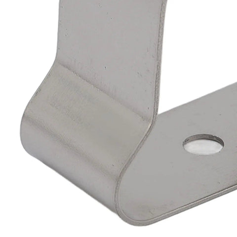 Heavy Duty Window Well Cover Clamp Kit With Cold Rolled Steel And Zinc Plated Finish, Heavy Duty Spring Clips For Secure Safe Installation, Perfect For Long Term Outdoor Use No Rust Or Corrosion Issues close-up steel clamp with hole