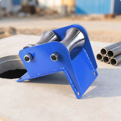Heavy Duty Cable Pulley Roller Guide Block Sheave With Steel Frame And Visible Fasteners Tough As Nails Three Wheel Steel Wheel Industrial Grade For Utility Maintenance And Job Site Use, blue steel 3-wheel guide