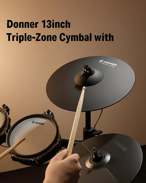 13 Inch Triple Zone Electronic Cymbal Crash Ride With Instant Mute Choke shown with drumstick striking the surface