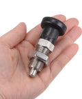 Top Tier Push Fit Ball Nose Spring Plunger Forged From Heavy Duty Stainless Steel With M16x1.5 Threads And A Snappy 1.02 Inch Stroke held in hand.