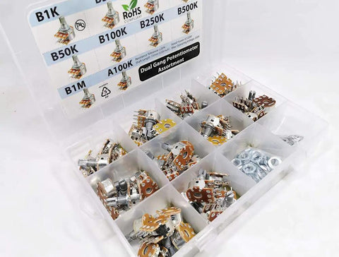 Dope 50 Piece Dual Gang Stereo Potentiometer Kit With 6 Pin Terminals variety in case for audio projects.