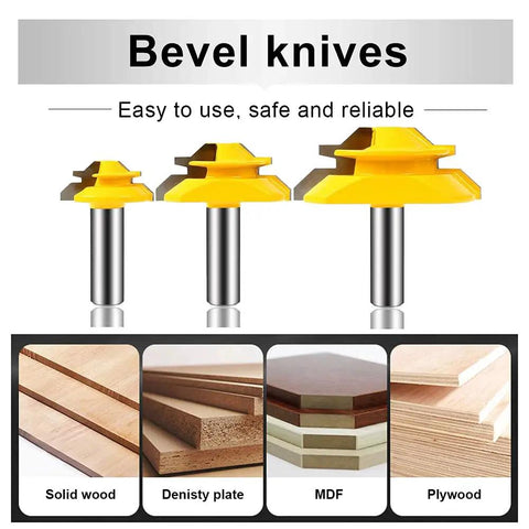 3-piece 45 Degree Lock Miter Router Bit Set for Tongue and Groove shown with wood types; one half inch shank, carbide cutters.