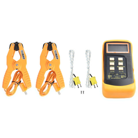 Type K Dual Channel Digital Thermometer for Pipe Temperature, includes two external probes and two pipe clamps, wide -50 to 1300 C range