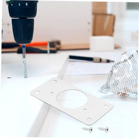 Stainless Steel Hinge Repair Plate Kit, 50 Pcs For Cupboard And Cabinet Doors, shown with drill and screws on workbench.