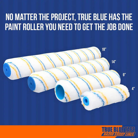Premium Microfiber Paint Roller Covers 18 Inch Set, showcasing 18", 14", 9", and 4" sizes with three-eighths inch nap