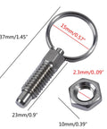 4 Pack Stainless Steel Pull Indexing Plungers With Knobs Rock Solid Heavy Duty Spring Loaded Design closeup of 37mm plunger with ring.