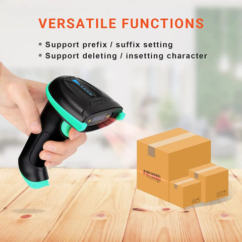 Person using Versatile Wireless And USB 2.0 1D Laser Barcode Scanner With Battery Level Indicator And All Day Battery Life 328 Feet Transmission Range Rechargeable 2.4Ghz Wireless Plus Wired Handheld Barcode Reader Blue on boxes