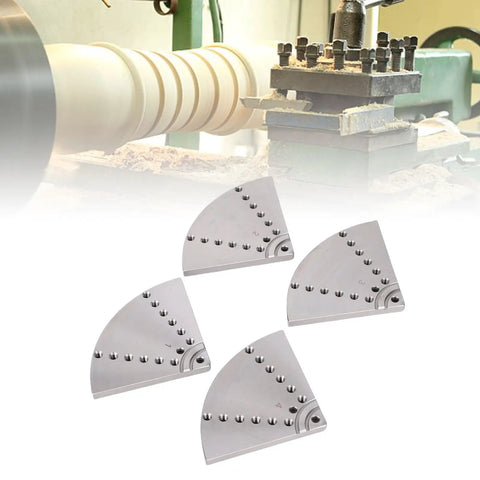 Heavy Duty Four Pack Eight Inch Flat Lathe Jaws Rock Solid Construction With Grade 45 Steel used in woodturning setup.