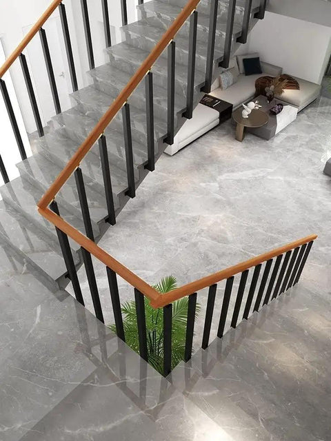 Heavy Duty Square Metal Stair Railing Posts With Complete Hardware Set, Pre Drilled Side Mount Balusters Built Tough For No Sweat Install on a modern staircase.