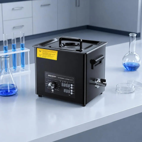 Pro Ultrasonic Cleaner Machine 10L Tub Tank With Digital Heater Timer Knob Control Powerful 40kHz Cleaning in black, set on a lab table.