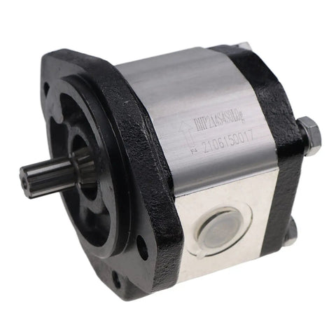 Bad Ass Heavy Duty Hydraulic Gear Pump Replacement For GS Series Scissor Lifts gray alloy pump with shaft and mounting holes.