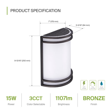Product dimensions of 10 Inch LED Wall Sconce Light in Oil Rubbed Bronze, Dimmable and Color Temperature Adjustable 3000K 4000K 5000K, 15W