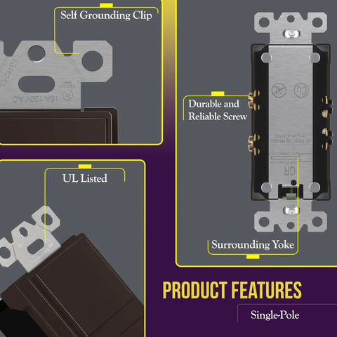 Double Paddle Decorator Switch Dual Rocker Single Pole Clamp Back Insertion 15 Amp 120 277 VAC Brown features
