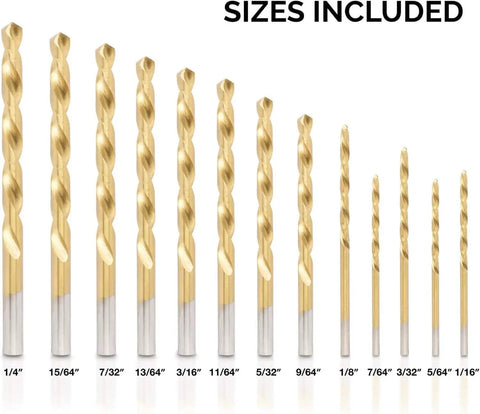 Left-Hand Drill Bit Set, Go-To Titanium Nitride Coated High-Speed Steel Bits, Reverse-Twist Design, SAE Inch Sizes, 13-Piece Kit