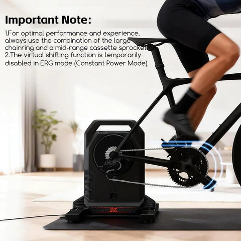 Cyclist using Cycling BLE Controller With Virtual Transmission And Virtual Cassette For Bike Trainers X2Max XXPRO indoors
