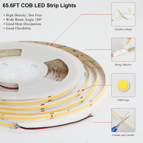 LED Strip Lights 65.6Ft 20m 4000K White With 504 LEDs Per Meter Dope Brightness 90+CRI roll with adhesive backing and flexible design