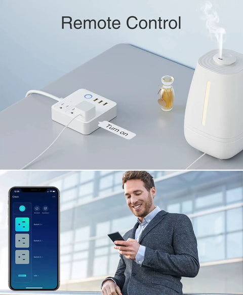 Smart Power Strip With USB Ports And 3 Individually Controlled Outlets, Surge Protector, WiFi Timer in remote control use with phone.