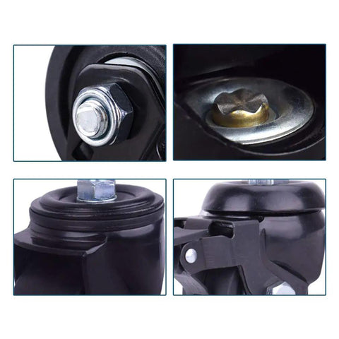Close-up of Heavy Duty Black Swivel Caster Wheels 4 Pack showing M12x25mm threaded stem and double brake design.