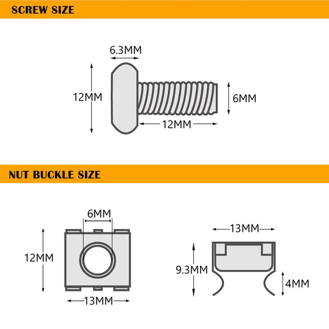 Screw and nut size diagram for Heavy Duty M6 Rack Screws And Cage Nuts 50 Pack for Server Cabinet Rack Mounting.