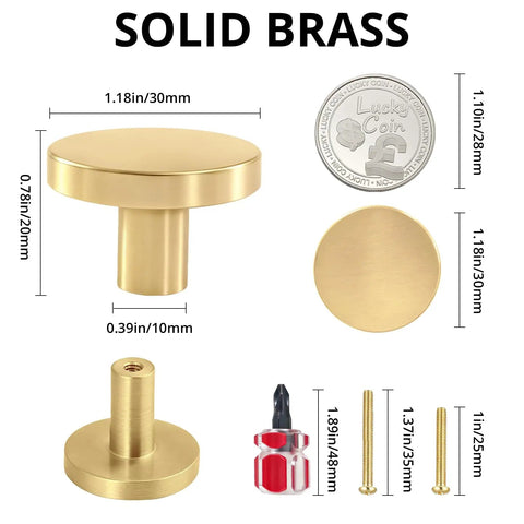 4 Pack Gold Solid Cabinet Pulls Round Knobs Brushed Brass Dresser Handles with dimensions and installation hardware shown