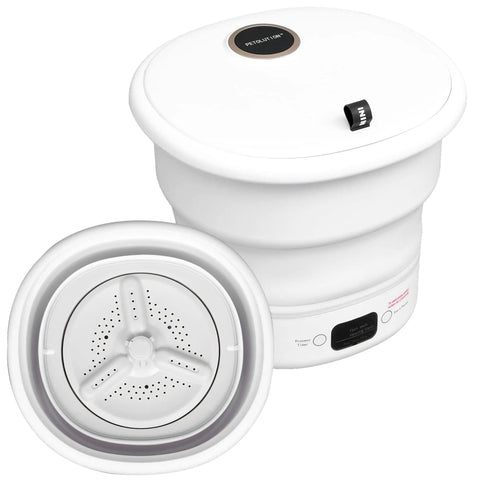 Ultra Compact Portable Washing Machine For Camping And RV Life Foldable Bucket Washer, white, shown with collapsible design