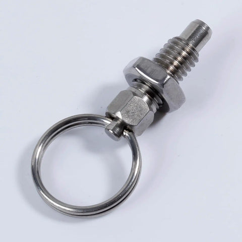 Solid As A Rock 4 Piece Stainless Steel Indexing Plunger Pins With Spring Loaded Knobs For Precision Positioning Heavy Duty Furniture Assembly And Industrial Mounting Gear close-up of a stainless steel indexing pin with keyring.