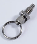 4 Pack Rock Solid Stainless Steel Pull Index Plungers Featuring Heavy Duty Spring Loaded Lock Out Knobs And Quick Release Pins Built Tough For Hassle Free Gadget Mods And Furniture Assembly, detailed view of metal plunger with ring.