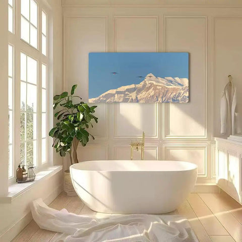 Epic Hang Gliders Over Snowy Nepal Peaks Wall Art 20x40 Inch Canvas Print in bathroom decor with sunlight