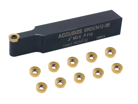 Pro Grade Indexable Tool Holder Kit With 3/4 Inch Shank, carbide RCMT32 insert and 10 extra inserts, front view