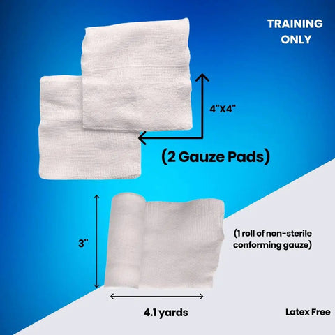 Student CPR And First Aid Training Kit Pack Of 10 gauze pads and roll shown on blue background, labeled for training use.