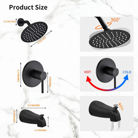Beefy Matte Black Tub Shower Faucet Kit Featuring Top Shelf High Pressure Rainfall Spray For Dead Simple Bathroom Upgrades And Knockout Smooth Water Flow Straight Up Reliable Plumbing Fix In Any Home, dimensions displayed.