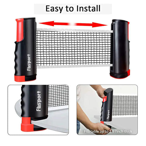 Portable Ping Pong Paddle Set With Retractable Net showing adjustable net attachment on various surfaces.
