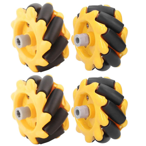 Mecanum wheel set, 48mm diameter, yellow with black roller segments, four wheels for smart car (two pairs)