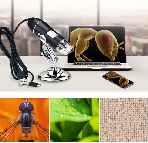 USB Digital Microscope 1600x Magnification With 8 LED Lights And Metal Stand Endoscope Camera For Windows Mac Android Plug And Play Phone Or Computer Compatible Driver Free HD CMOS Sensor on metal stand with laptop and phone