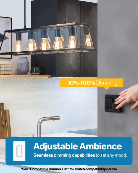 Clear Vintage Filament LED ST64 Waterproof Bulbs in kitchen pendant lighting, showing dimmable feature, 800 Lumens, 8.5W
