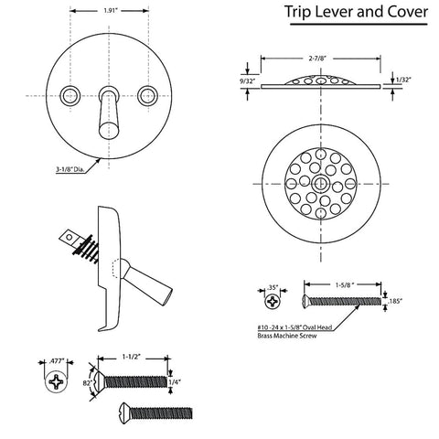 Diagram of Trip Lever Tub Drain Kit With Strainer And 2 Hole Overflow Faceplate No Putty Install Matching Screws details.