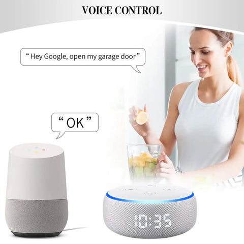 Voice control WiFi Garage Door Opener Remote with Alexa Google Assistant and Siri next to woman making juice