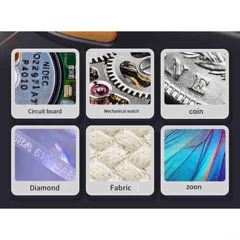 500X Digital Microscope With 2 Inch LCD Screen 1080P HD Camera Eight LED Lights Adjustable Brightness USB Connection For Electronics Repair Coin Collection And DIY Inspections showing circuit board, watch, coin, diamond, fabric and zoom detail samples