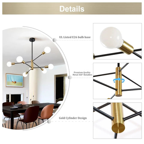 Sputnik Style 6 Light Modern Gold and Black Chandelier details with rotatable arms and E26 bulb base in dining room