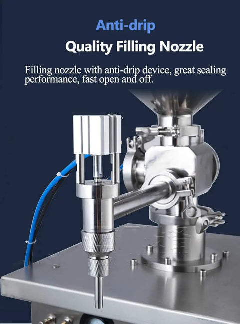 Vertical Piston Liquid And Paste Filling Machine Pneumatic Quantitative Dispenser Heavy Duty Auto Filler For Detergent Honey Lotion Shampoo And Shower Gel 100 To 1000ml Capacity Zero Hassle Operation with anti-drip filling nozzle.
