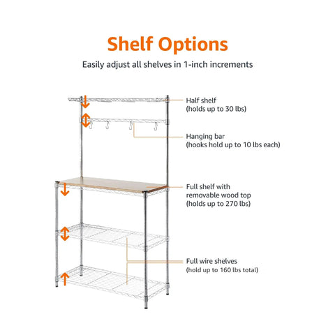 Built Like A Tank Three Tier Baker Rack With Heavy Duty Chrome Steel And Smooth Wood Shelves, showing adjustable shelves and details.