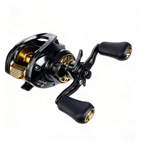 Baitcasting fishing reel in black and gold, side view with dual brake system, right-hand retrieve