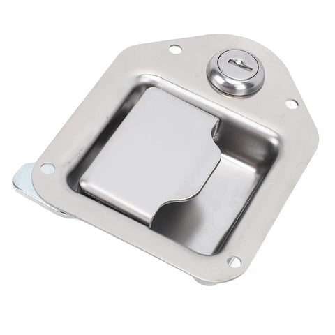 Tough As Nails Stainless Steel Trailer Toolbox Latch With Key Lock For UTV RV ATV And Dog Box Secure Metal Hasp Anti Theft Gear Storage No Sweat Setup Now, close-up view.