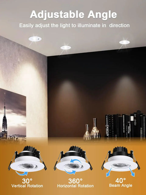 Image showing adjustable angle of Canless Recessed Gimbal Downlight 3 Inch Eyeball Spotlight with 5 CCTs, showcasing rotation and beam angle.