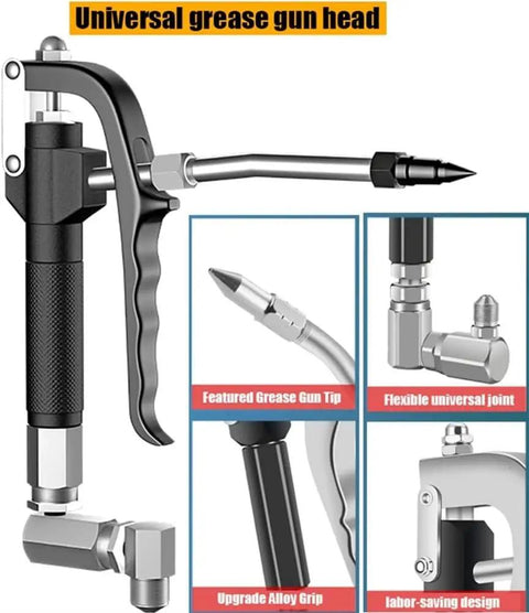 Pro Gear Air Powered Grease Pump Setup For Twenty Liter Barrels With Reinforced Hose And Ergonomic Grease Gun close up of grease gun head and tips