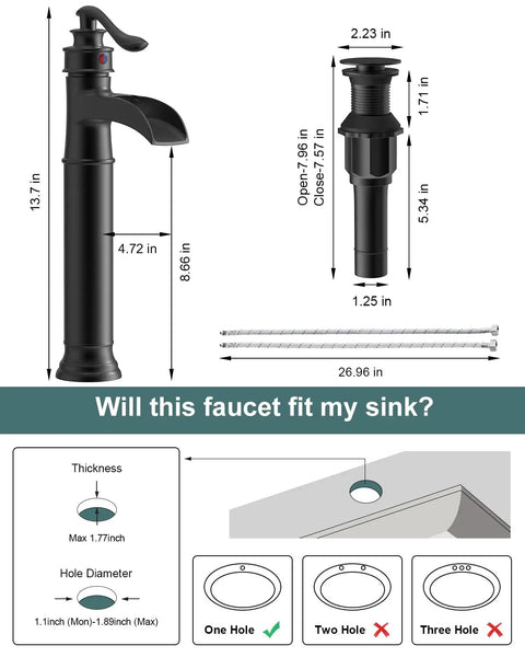 Vessel Sink Faucet Waterfall Matte Black With Pop Up Drain Without Overflow And Supply Lines One Handle Vanity Bathroom Mixer Tap Durable Solid Brass Construction Sleek Dope Finish dimensions diagram