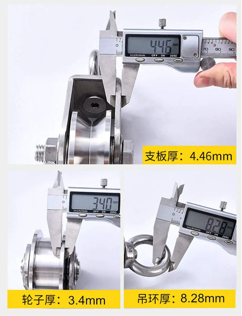 Close-up measurements of Two Pack V Groove Caster Wheels Heavy Duty Track Pulleys For Sliding Doors 304 Stainless Steel Build 22mm Width.
