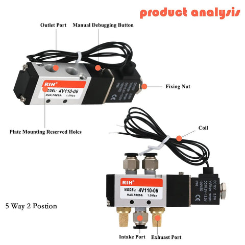 Diagram of 12V One Eighth Inch NPT Solenoid Valve 5 Way 2 Position Pilot Operated Electric Pneumatic Control Valve with labeled features.